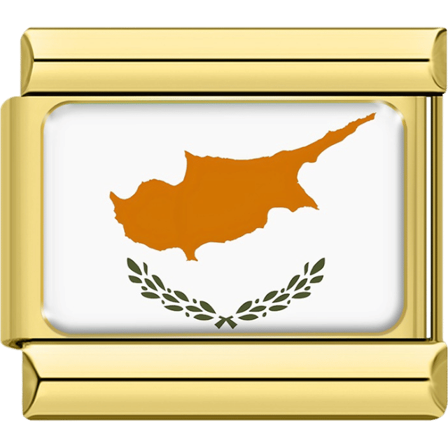 Gold Italian charm featuring the flag of Cyprus with a copper-orange island silhouette above green olive branches on a white background.
