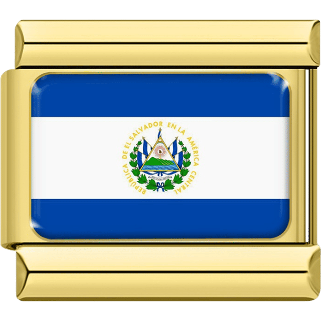 Gold Italian charm featuring the flag of El Salvador with blue and white stripes and the national coat of arms centered.