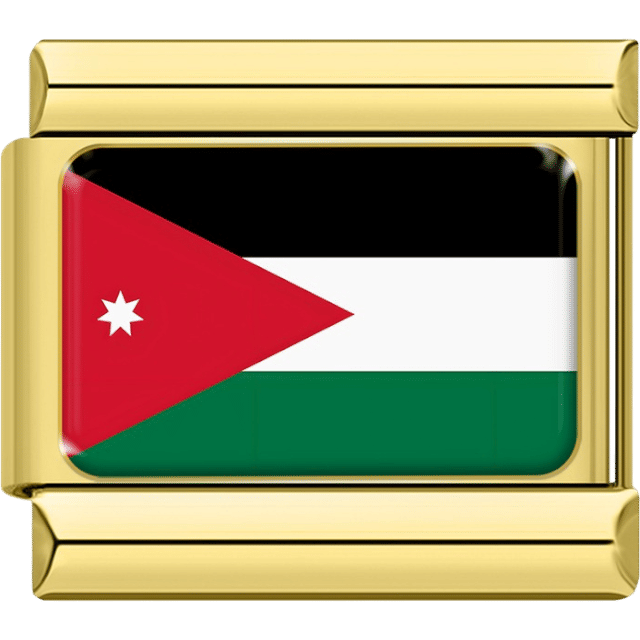 Gold Italian charm featuring the flag of Jordan with black, white, and green stripes and a red triangle with a white star.