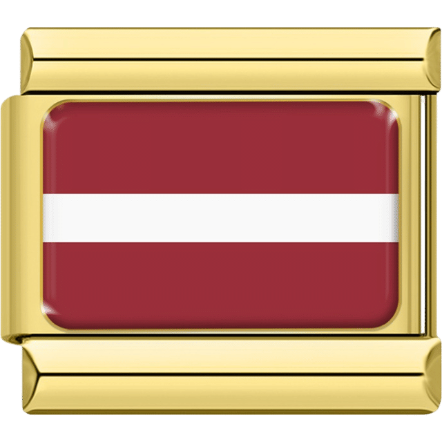Gold Italian charm featuring the flag of Latvia with a white horizontal stripe between two deep red bands.