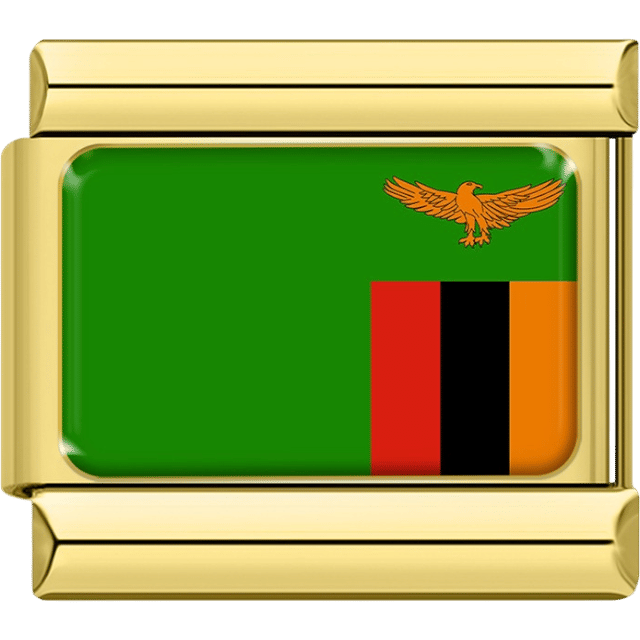 Gold Italian charm featuring the flag of Zambia with a green field, tricolor vertical block, and orange eagle in the top-right corner.