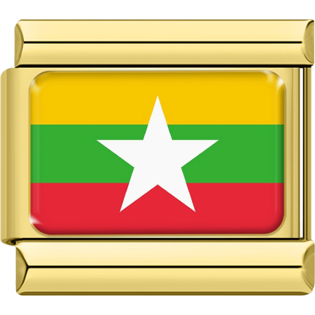 Gold Italian charm featuring the flag of Myanmar with horizontal yellow, green, and red stripes and a large white star centered.