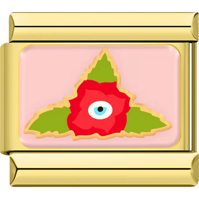 Red flower with single blue eye and three green leaves on a gold Italian charm link