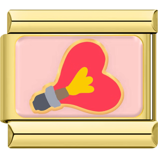 Red heart-shaped love torch with yellow flame on a gold Italian charm link