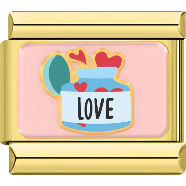 Blue jar with “LOVE” label and red hearts popping out on a gold Italian charm link