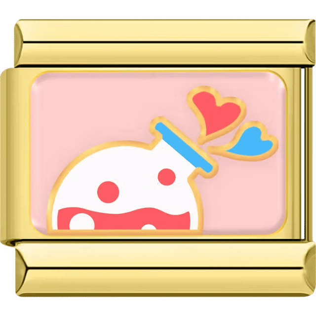 White potion bottle with red dots and hearts floating out, on a gold Italian charm link