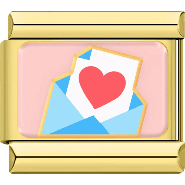 Love letter inside a blue envelope with red heart seal on a gold Italian charm link