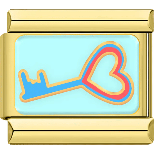 Gold Italian charm with a colorful heart-shaped key design on a light blue background.