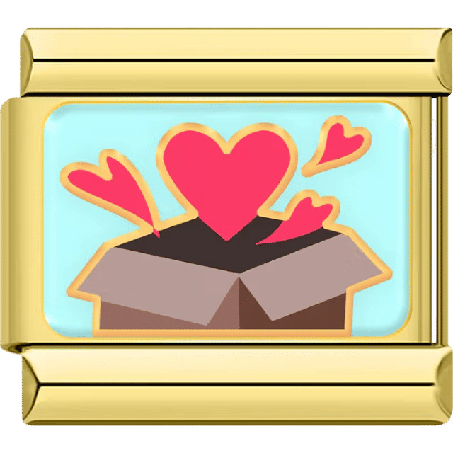 Gold Italian charm showing a box bursting with red and pink hearts on a blue background.
