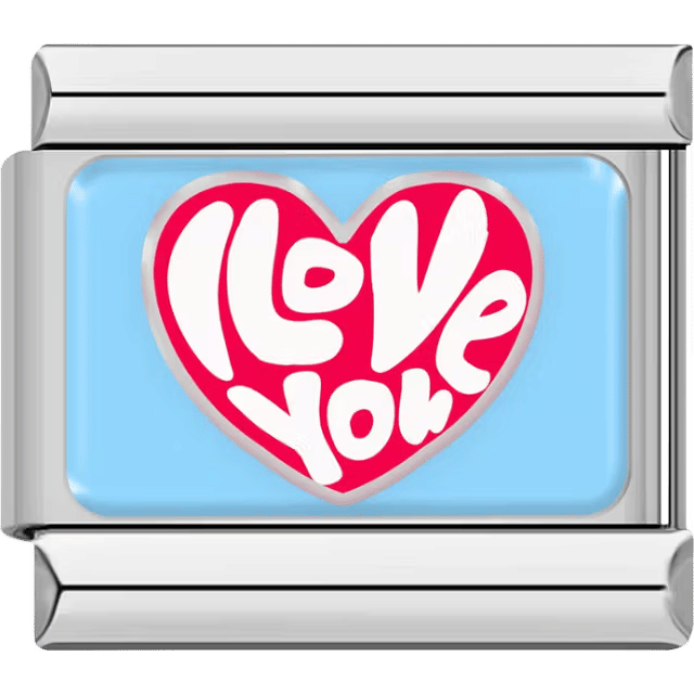 Red heart with playful white “I Love You” text on a light blue background.