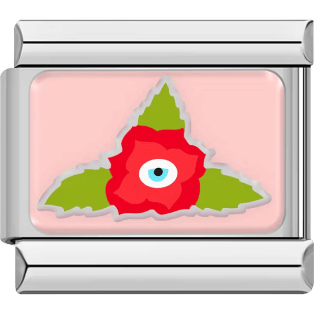 Red flower shape with an eye in the center and three green leaves on a soft pink background