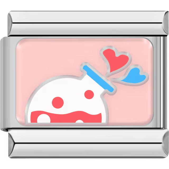 White and red polka dot potion bottle pouring out red and blue hearts on a soft pink background