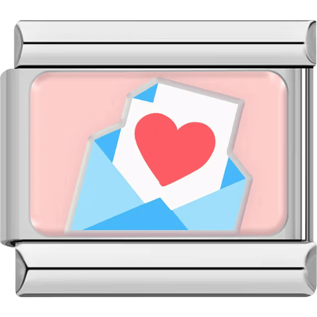 Blue envelope with a card showing a red heart on a soft pink background