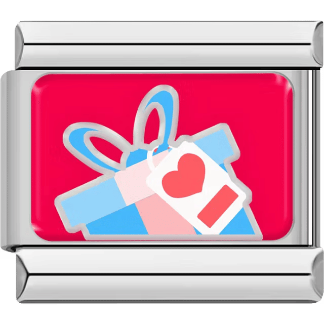 Blue and pink gift box with a heart tag on a bright red background