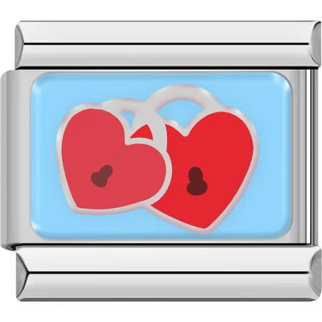 Two connected red love locks forming heart shapes on a light blue background.