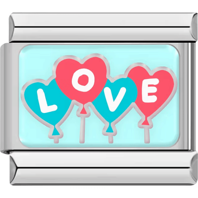 Four heart-shaped balloons spelling LOVE in pink and teal on a light aqua background.