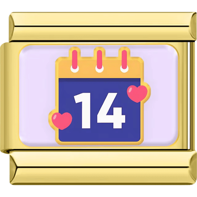 Valentine’s Day calendar with number 14 and hearts on a gold Italian charm