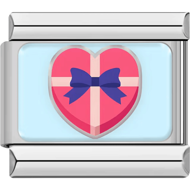 A silver Italian charm featuring a pink heart-shaped gift box with a blue bow.