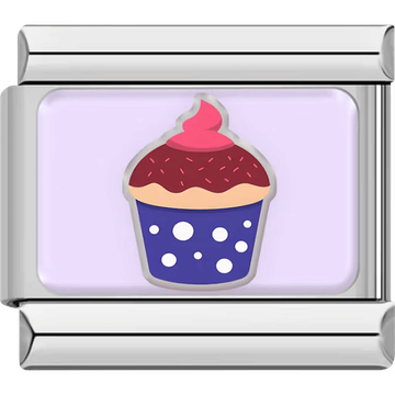Silver charm with a cupcake that has a purple wrapper with white dots and pink frosting.
