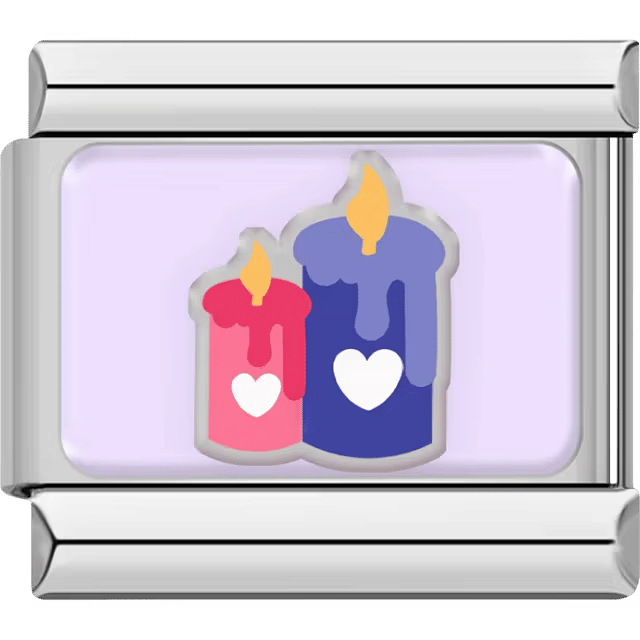 Silver charm with two candles, one pink and one purple, each with a white heart and melting wax.