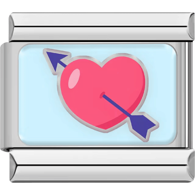 A silver Italian charm featuring a pink heart with a blue arrow.