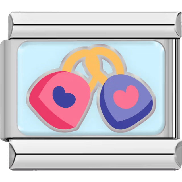 A silver Italian charm featuring two interlocked love padlocks, one pink and one blue.