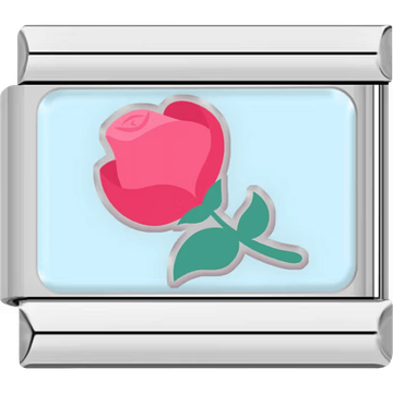 A silver Italian charm featuring a pink rose with green leaves.
