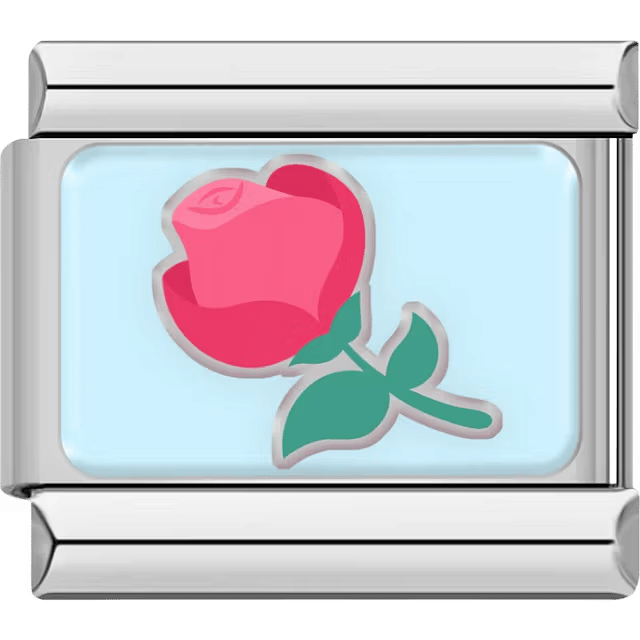 A silver Italian charm featuring a pink rose with green leaves.