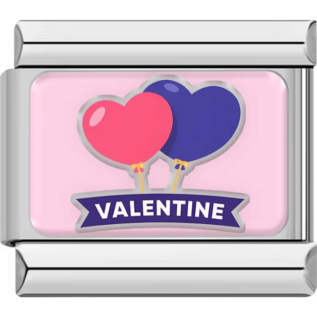 A silver Italian charm featuring two heart balloons, one pink and one blue, above a Valentine banner.