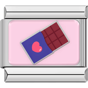 A silver Italian charm featuring a chocolate bar in a blue wrapper with a heart icon.