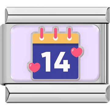 Silver charm with a Valentine’s Day calendar showing the number 14 and two pink hearts.
