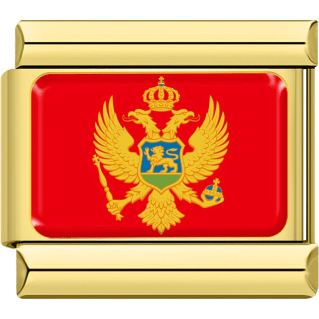 Gold-framed Italian charm featuring the red flag of Montenegro with a gold double-headed eagle and blue shield at the center.