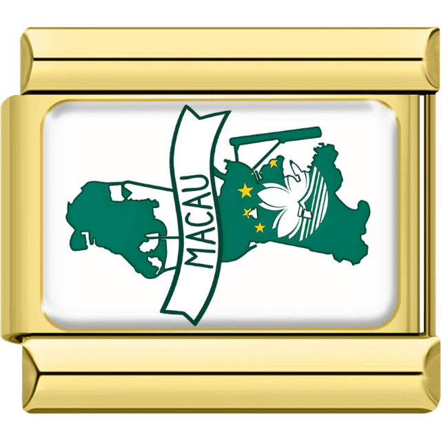 Gold-bordered Italian charm featuring the map of Macau in green with the Macau lotus emblem and gold stars, along with a curved banner reading “Macau.”