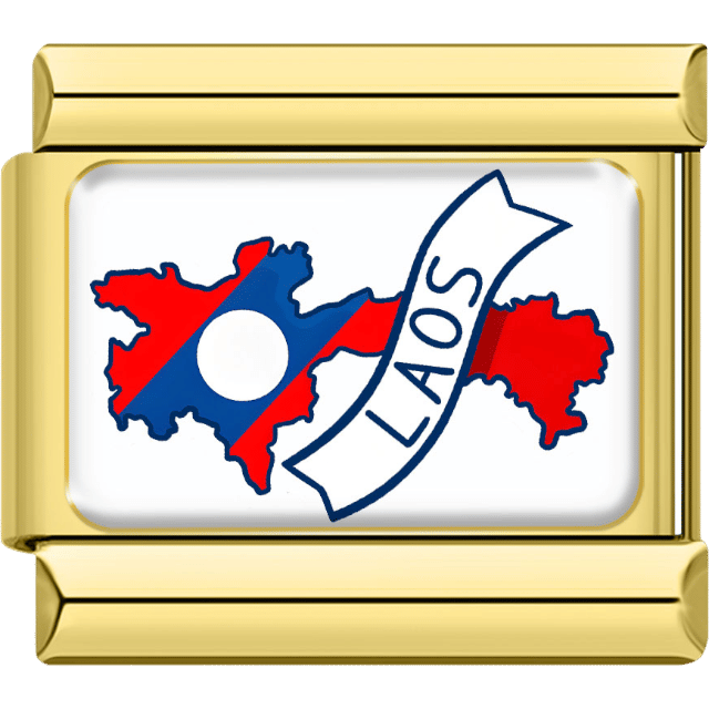 Gold-bordered Italian charm featuring the map of Laos in blue and red flag stripes with a white circle at the center and a banner reading “Laos.”