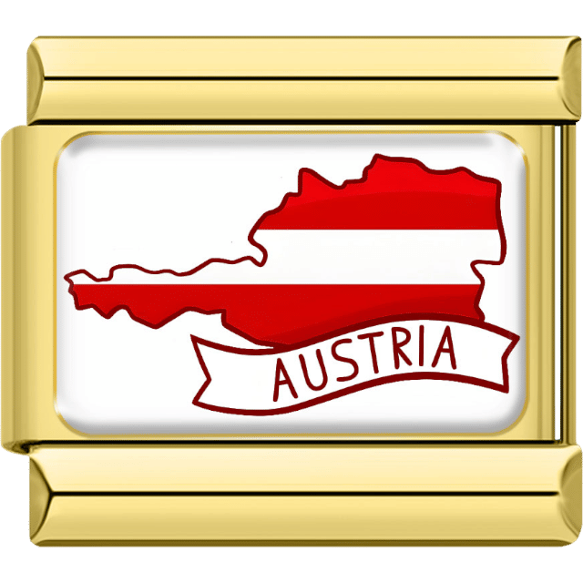 Italian charm with a gold frame showing the map of Austria with horizontal red-white-red flag stripes and a banner labeled “Austria.”