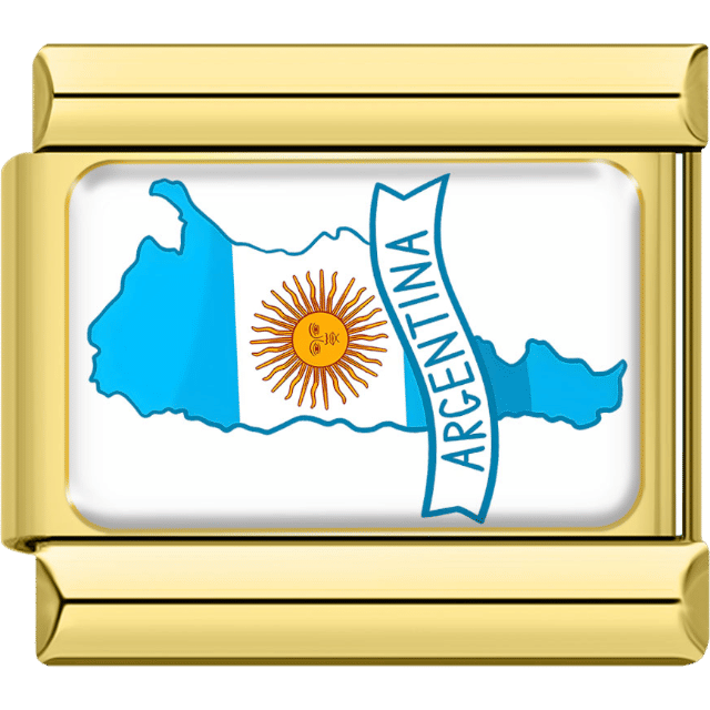 Gold-framed Italian charm featuring the map of Argentina in blue and white flag stripes with a golden sun emblem, and a banner reading “Argentina.”