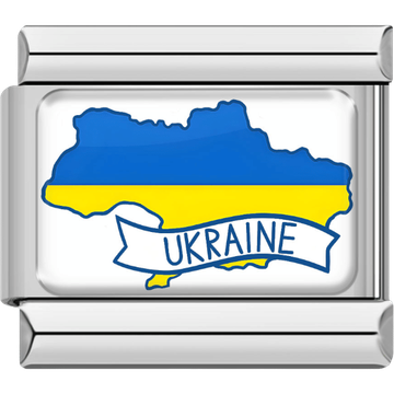 Silver-framed Italian charm featuring the map of Ukraine in blue and yellow flag colors with a curved banner reading “Ukraine.”