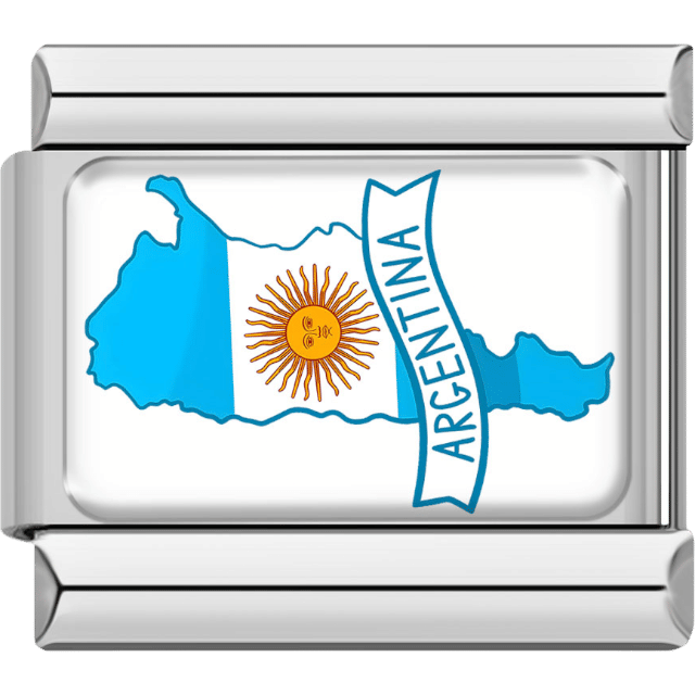 Italian charm with a silver border featuring the map of Argentina in blue and white flag stripes with a golden sun, and a banner reading “Argentina.”