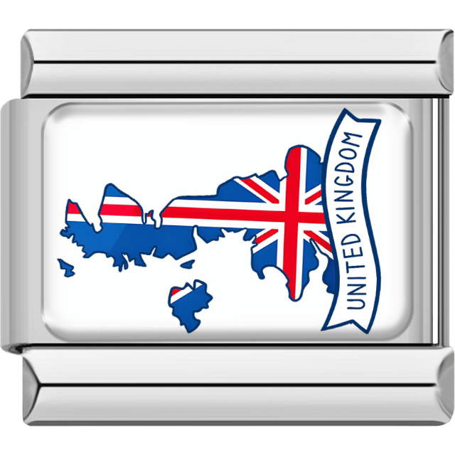 Silver-bordered Italian charm with the map of the United Kingdom filled with the Union Jack flag and a curved banner that says “United Kingdom.”