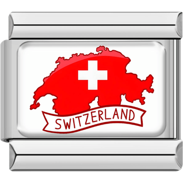 Italian charm with a silver frame featuring the map of Switzerland in solid red with a bold white cross and a banner reading “Switzerland.”