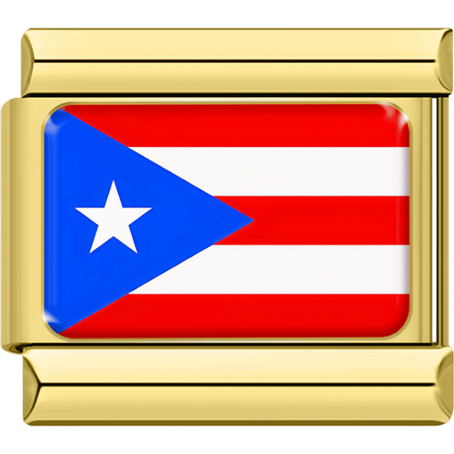 Rectangular Italian charm with a gold border featuring the Puerto Rico flag design in red, white and blue with a white star inside a blue triangle.