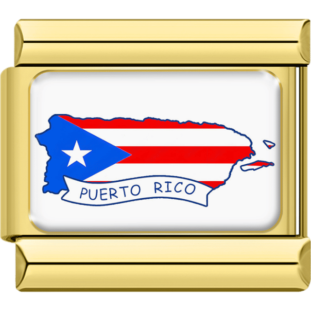 Gold-framed Italian charm featuring the map of Puerto Rico filled with the red, white and blue Puerto Rican flag pattern and a curved banner reading “Puerto Rico.”
