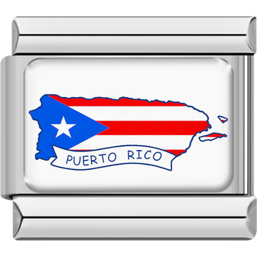 Silver-bordered Italian charm showing the map of Puerto Rico in the island’s flag colors with a white banner labeled “Puerto Rico.”