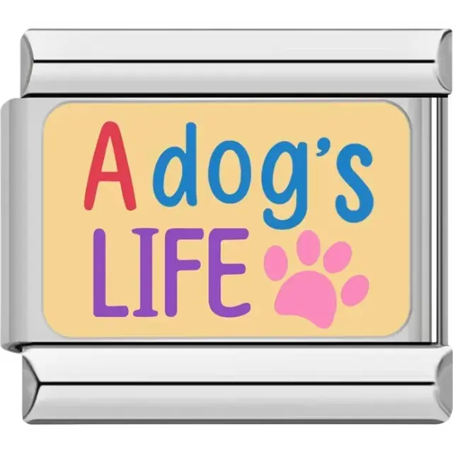 Multicolored "A dog's LIFE" text with a pink paw print on a beige background Italian charm bracelet link