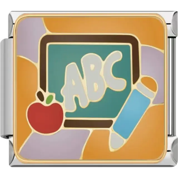 Chalkboard with "ABC" text, red apple, and blue pencil design on a yellow background Italian charm bracelet link