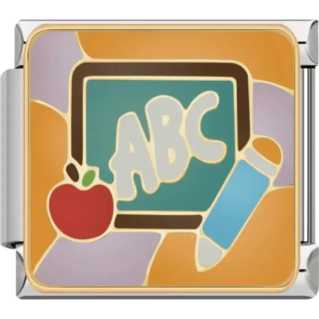 Chalkboard with "ABC" text, red apple, and blue pencil design on a yellow background Italian charm bracelet link