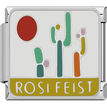 Colorful abstract cactus shapes with a red sun and yellow "ROSI FEIST" text on a white background Italian charm bracelet link