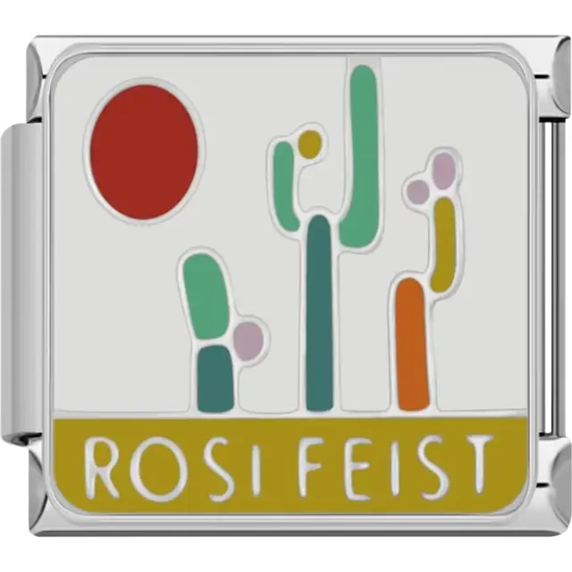 Colorful abstract cactus shapes with a red sun and yellow "ROSI FEIST" text on a white background Italian charm bracelet link