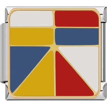 Geometric blocks in red, yellow, blue, and white with gold outlines Italian charm bracelet link
