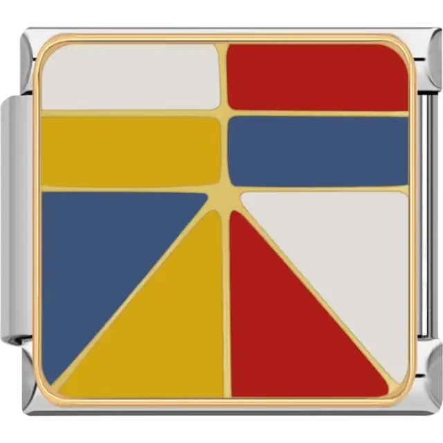 Geometric blocks in red, yellow, blue, and white with gold outlines Italian charm bracelet link